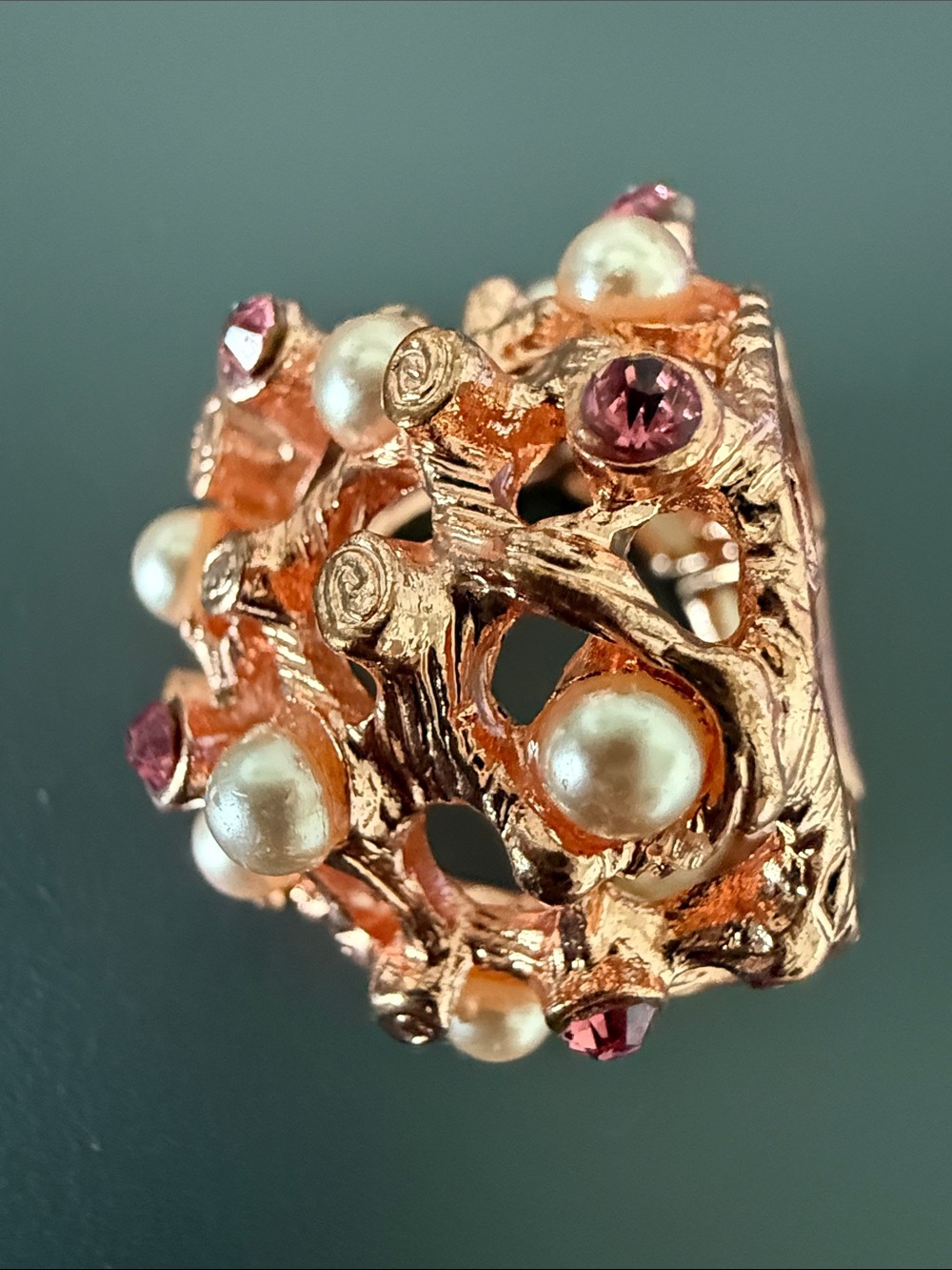 Rose Gold Pearl & Pink Crystal Statement Ring